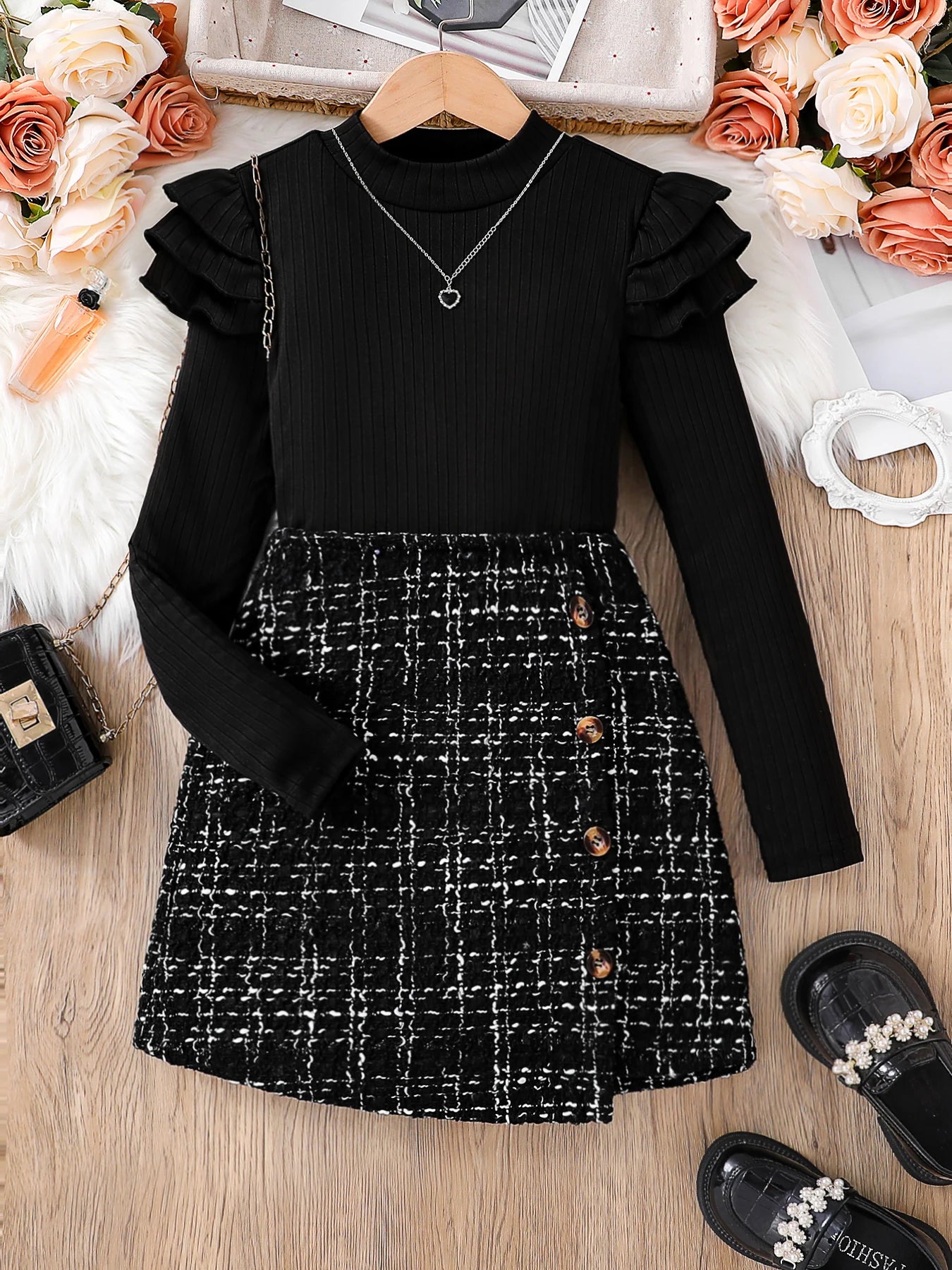 Preppy-Chic 2 Piece White & Black Long-Sleeved Top + Plaid A-line Skirt
