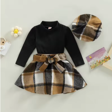 Autumn Solid Long-Sleeve Top, Plaid Pleated Skirt & Beret