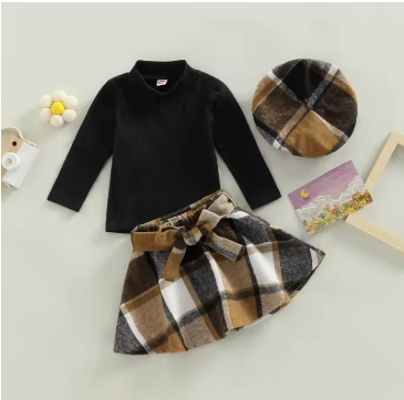 Autumn Solid Long-Sleeve Top, Plaid Pleated Skirt & Beret