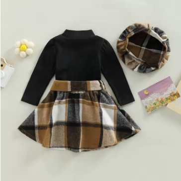 Autumn Solid Long-Sleeve Top, Plaid Pleated Skirt & Beret