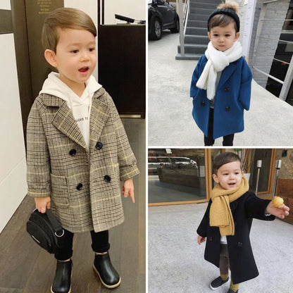 Composite image of three boys wearing notched collar coats in different colors: gray, blue, and black. They are styled in a way that showcases the coat's elegance and fit for young children.