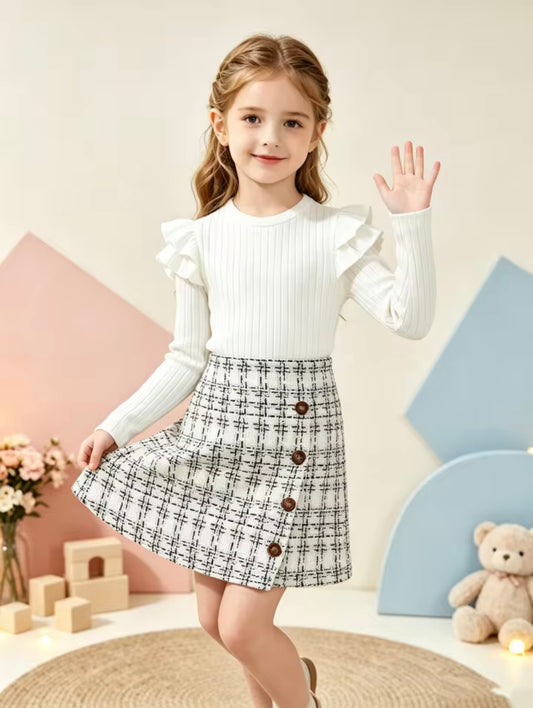 Preppy-Chic 2 Piece White & Black Long-Sleeved Top + Plaid A-line Skirt