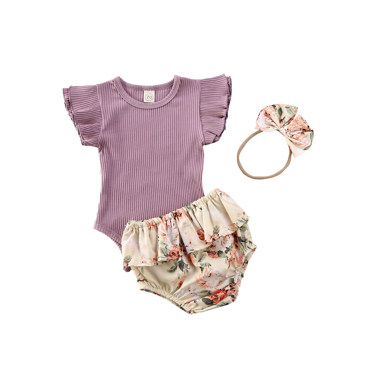 Baby Girls Ruffles Sleeve Romper + Floral Shorts + Headband 3pcs