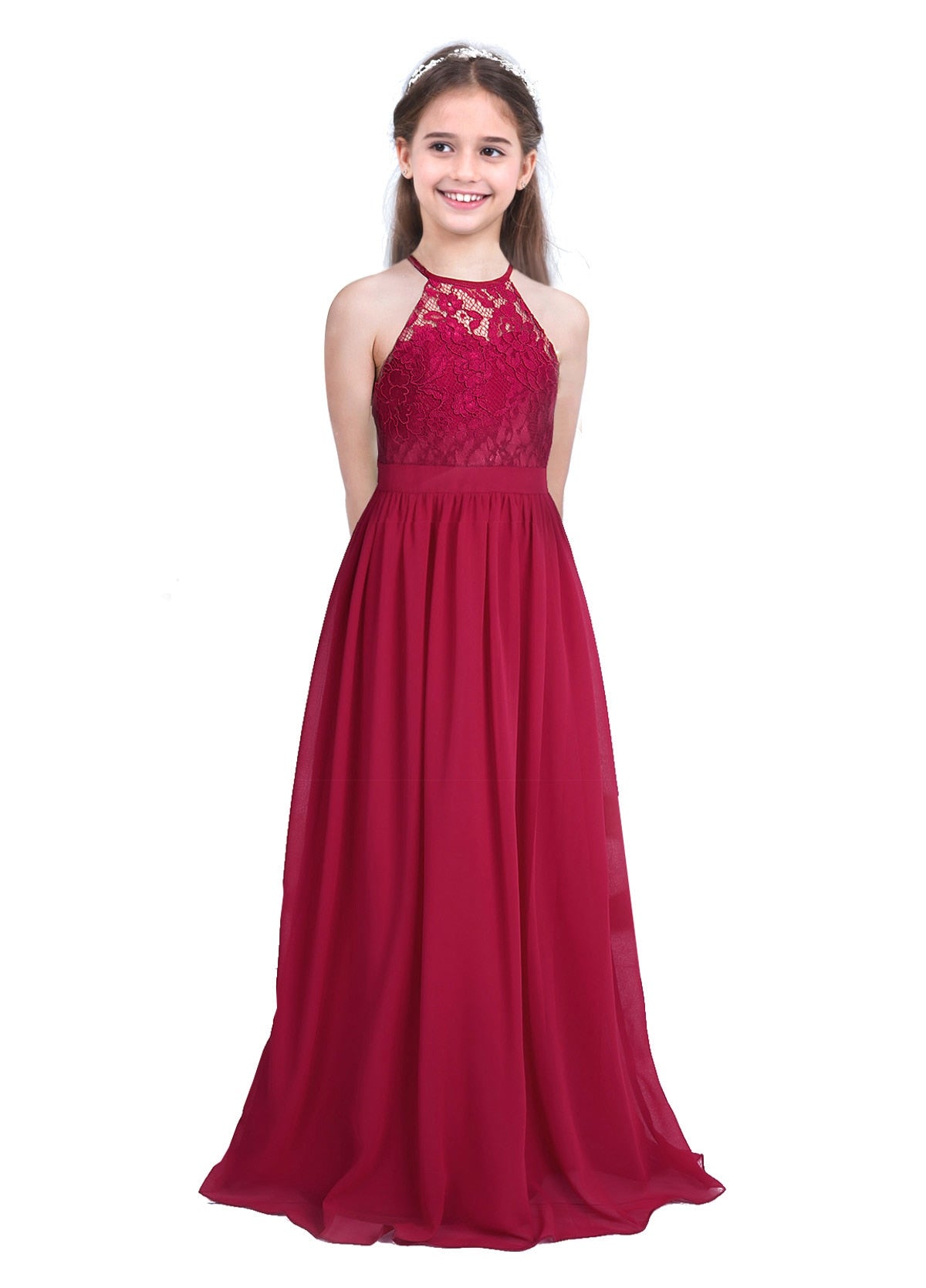 Elegant A-Line Halter Neck Floral Lace Dress