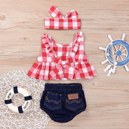3PCS Baby/Toddler Girl Plaid Shirt, Denim Shorts & matching Headband