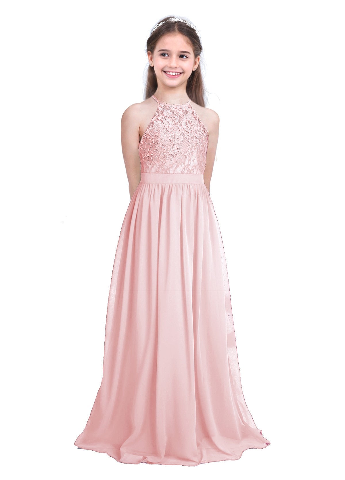Elegant A-Line Halter Neck Floral Lace Dress