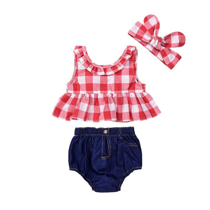 3PCS Baby/Toddler Girl Plaid Shirt, Denim Shorts & matching Headband
