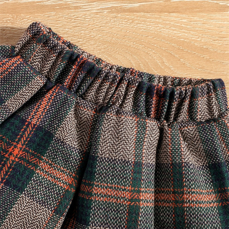 Autumn Solid Long-Sleeve Top, Plaid Pleated Skirt & Beret