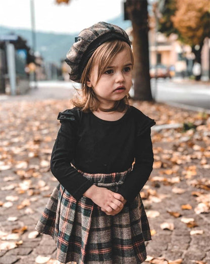 Autumn Solid Long-Sleeve Top, Plaid Pleated Skirt & Beret