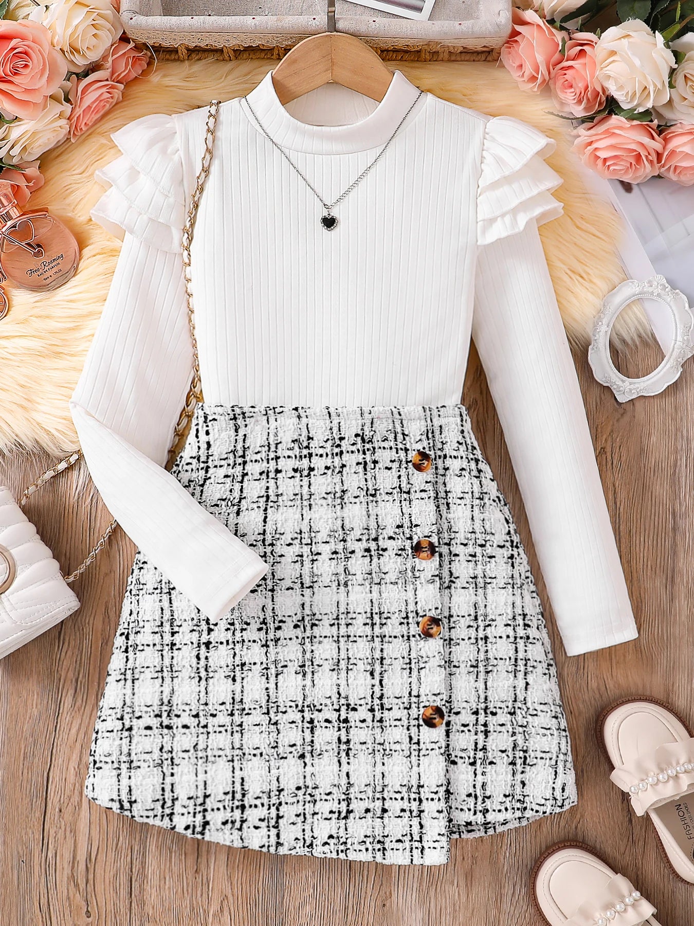 Preppy-Chic 2 Piece White & Black Long-Sleeved Top + Plaid A-line Skirt