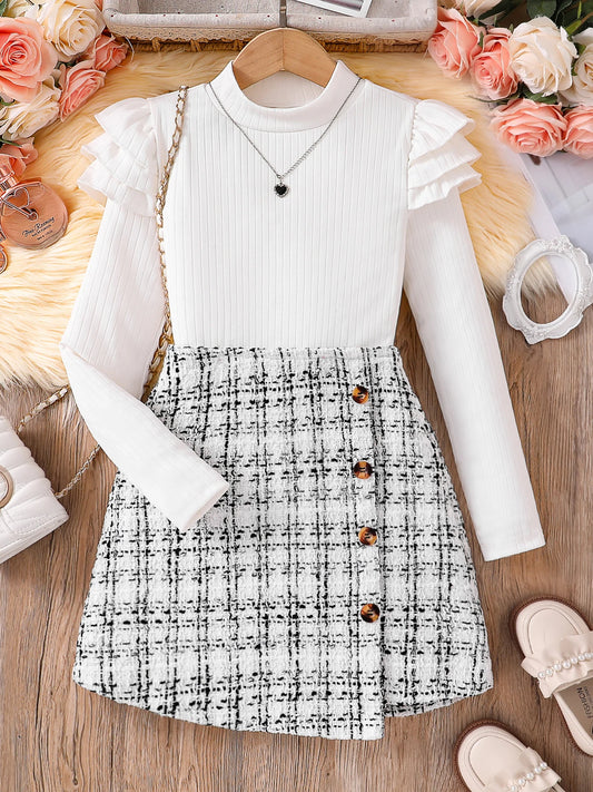 Preppy-Chic 2 Piece White & Black Long-Sleeved Top + Plaid A-line Skirt