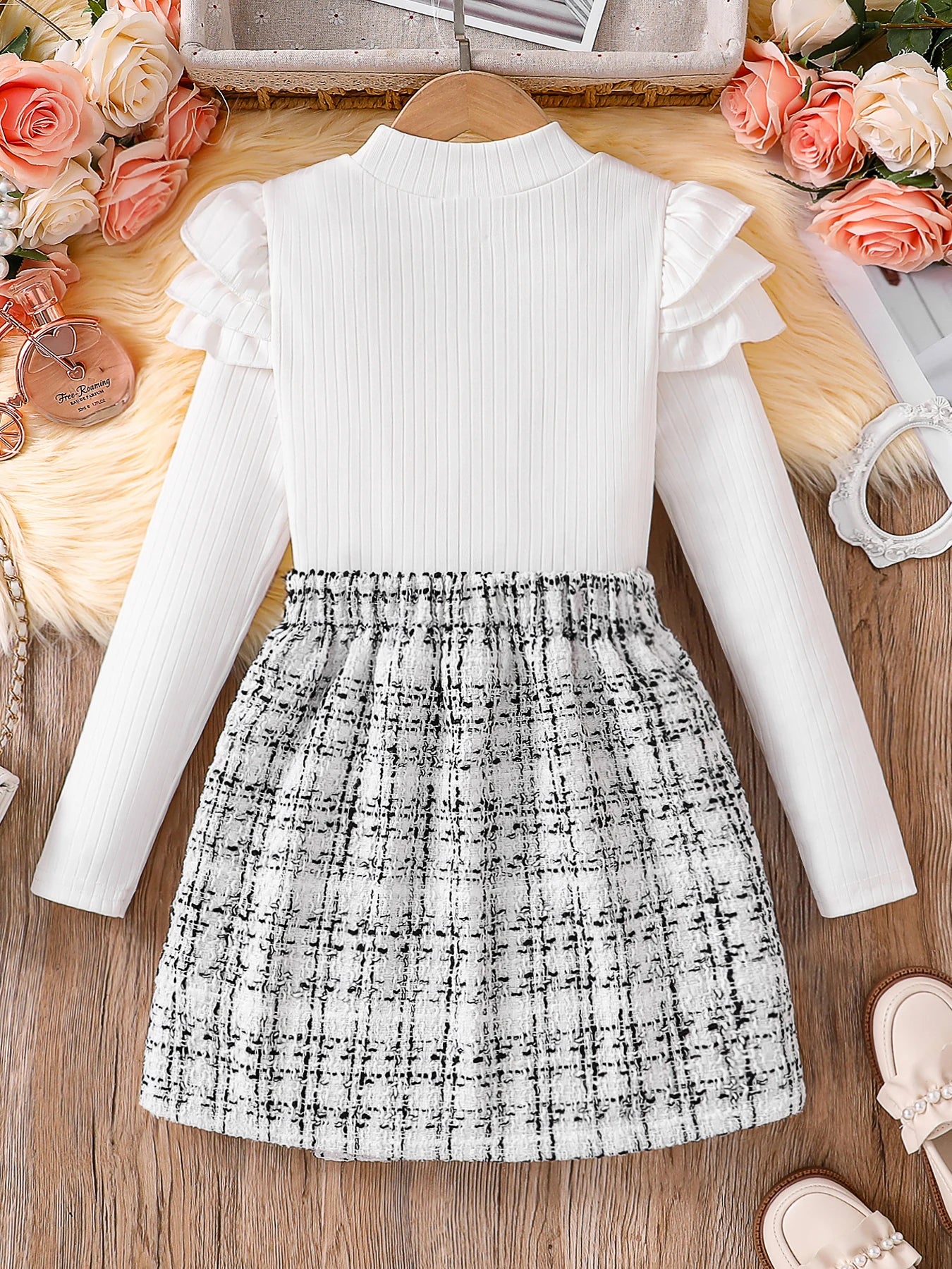 Preppy-Chic 2 Piece White & Black Long-Sleeved Top + Plaid A-line Skirt