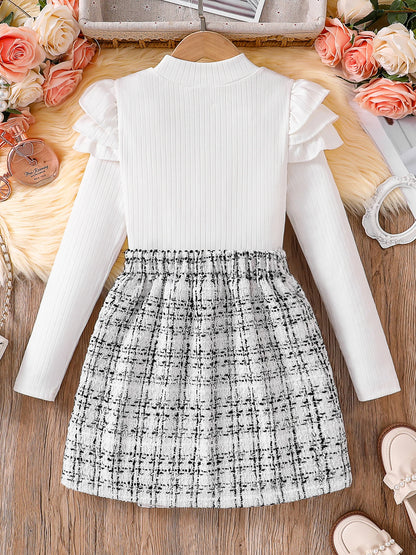 Preppy-Chic 2 Piece White & Black Long-Sleeved Top + Plaid A-line Skirt