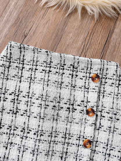 Preppy-Chic 2 Piece White & Black Long-Sleeved Top + Plaid A-line Skirt