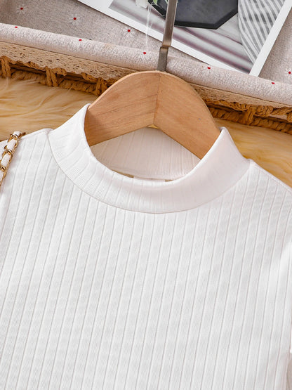 Preppy-Chic 2 Piece White & Black Long-Sleeved Top + Plaid A-line Skirt