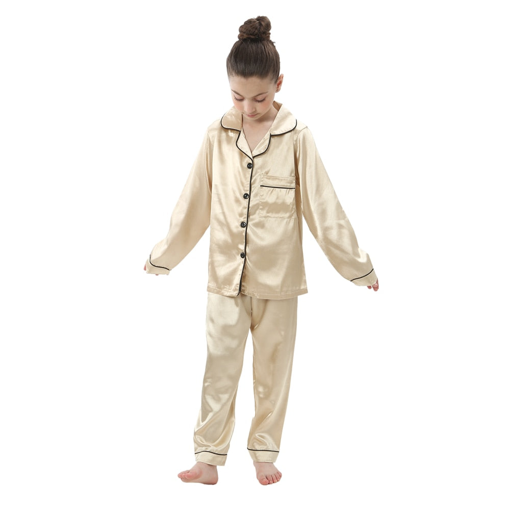 2pcs Boys & Girls Satin Long-sleeved Pajamas