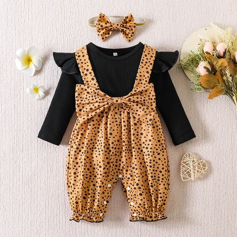 Baby Girls Plaid or Dotted Long-sleeved Jumpsuit w/Headband