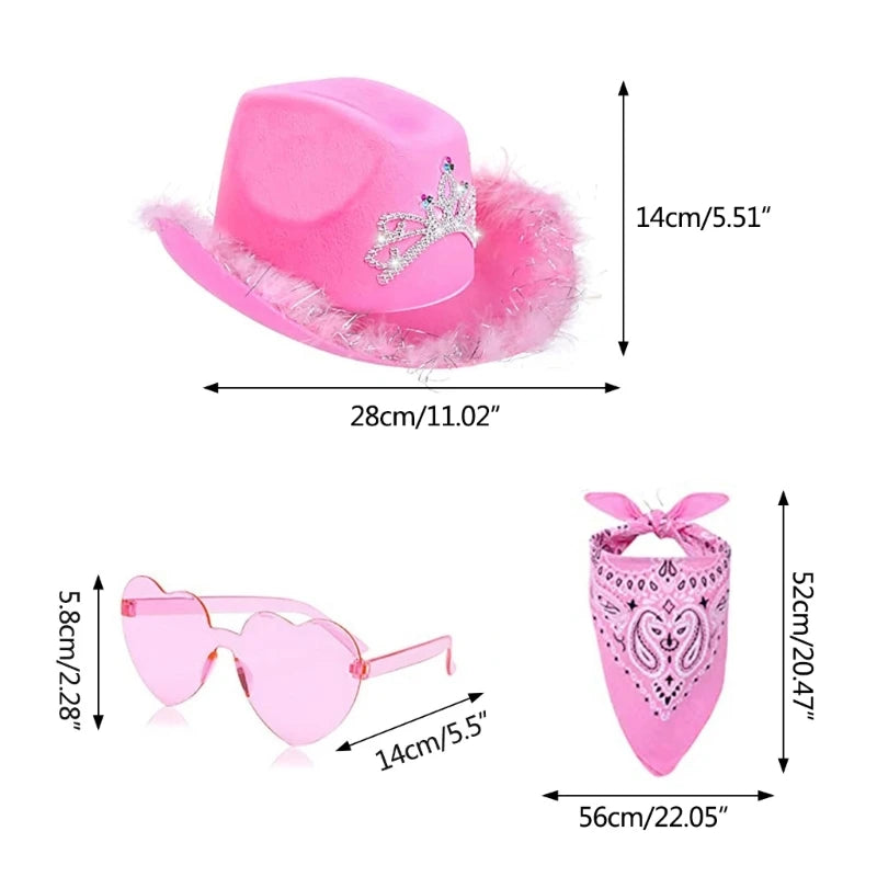 Elegant Pink Cowgirl Hat W/Bandana & Glasses