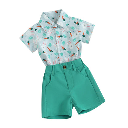 Boys Easter Short Sleeve Button Down Shirt with Solid Color Shorts Set