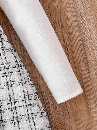 Preppy-Chic 2 Piece White & Black Long-Sleeved Top + Plaid A-line Skirt