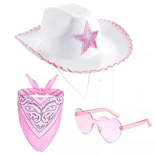 Brimmed Sequin Cowgirl Hat W/Bandana & Glasses