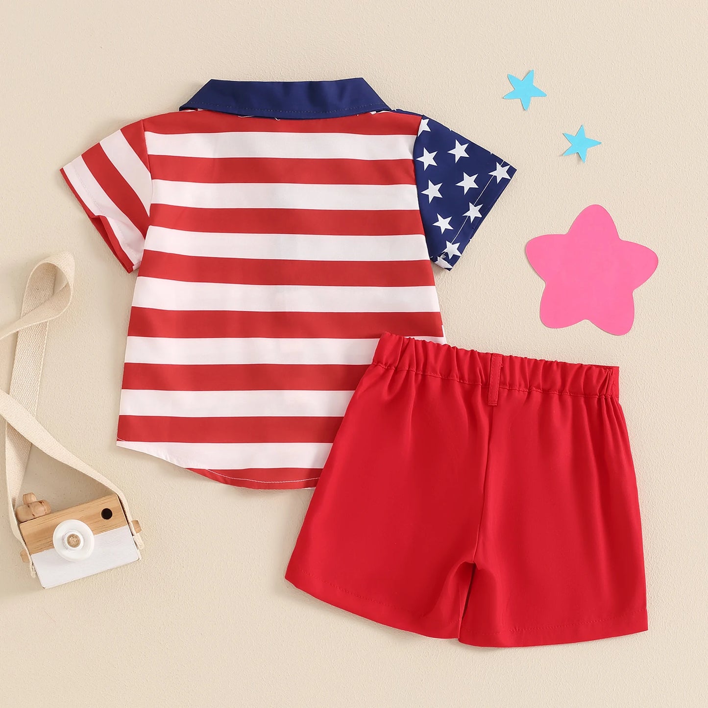 Boys American Flag Button Down Shirt + Red Shorts