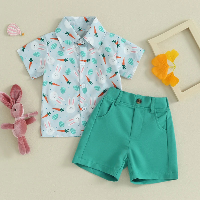Boys Easter Short Sleeve Button Down Shirt with Solid Color Shorts Set