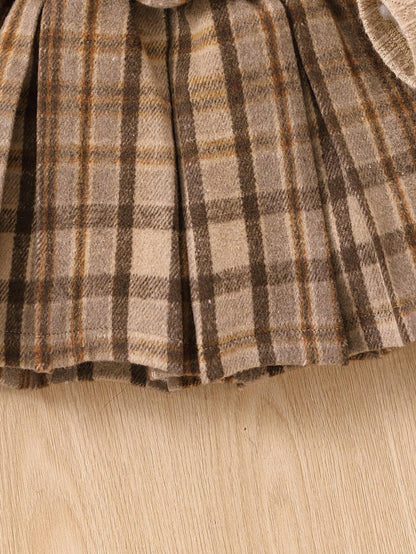 Autumn Long-Sleeve Top, Plaid Pleated Skirt w/Belt & Beret