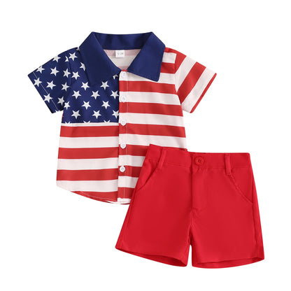 Boys American Flag Button Down Shirt + Red Shorts