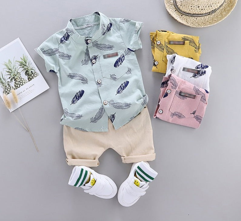 Boys Summer Button-down Shirt + Shorts 2pcs Set